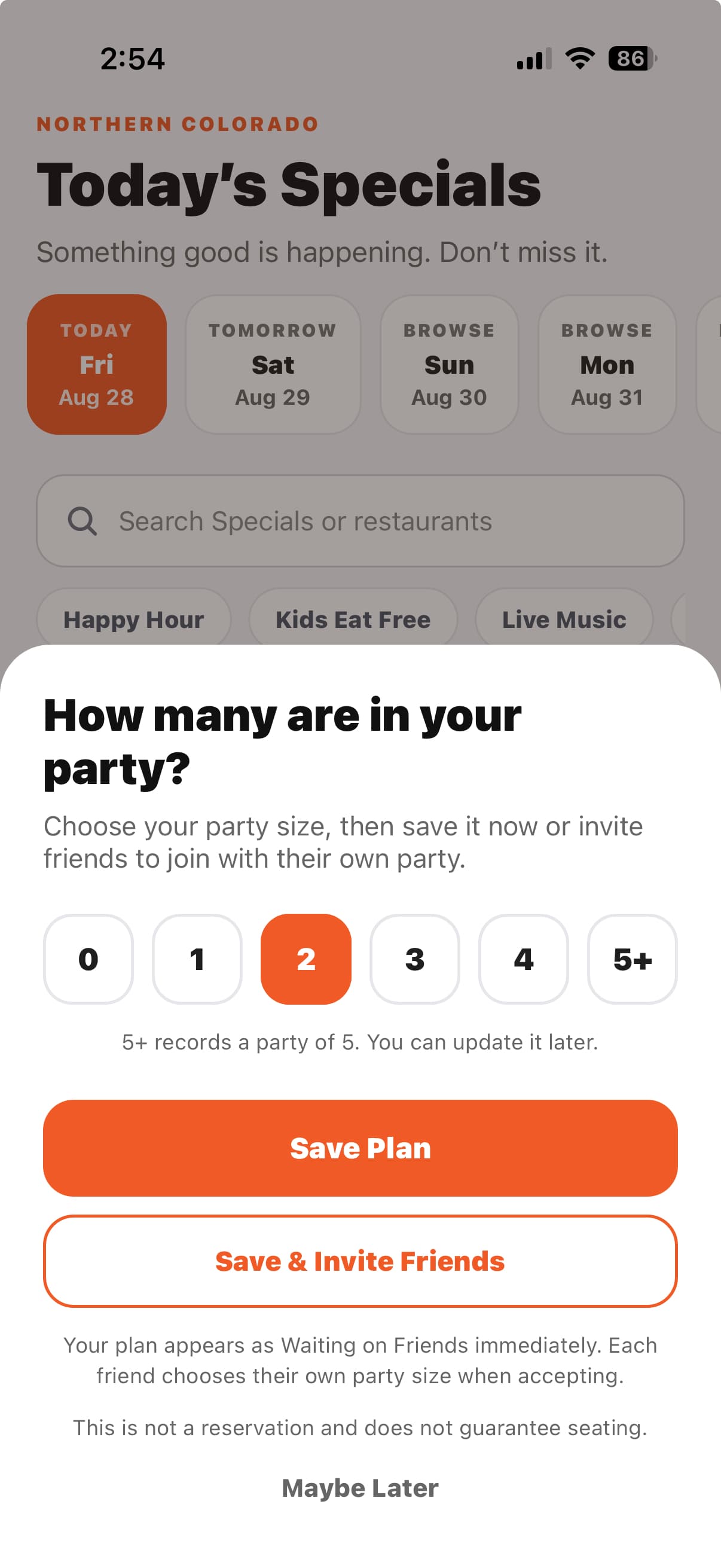 Choose a party size and invite friends in HotBites